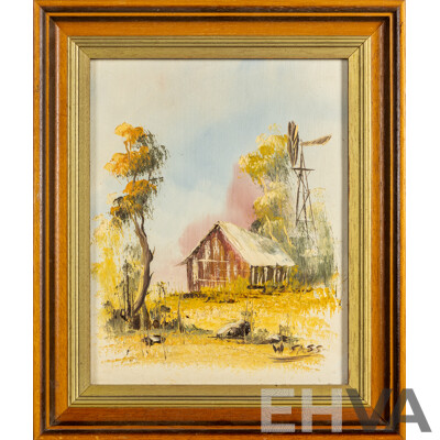 Nice Collection of Four Miniature Vintage Landscapes Oil on Canvas Boards and a Sea Scene Watercolour Print, 33H x 28W cm (largest frame) (5)