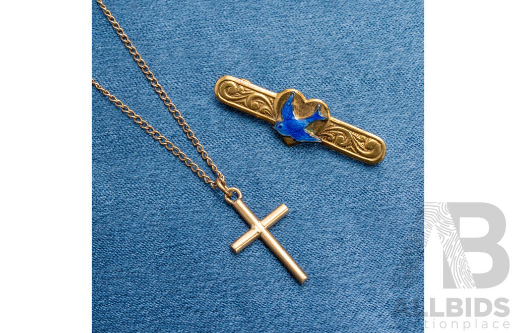 9ct Yellow Gold Cross Pendant, Gold Plated Chain and Rolled Gold Brooch