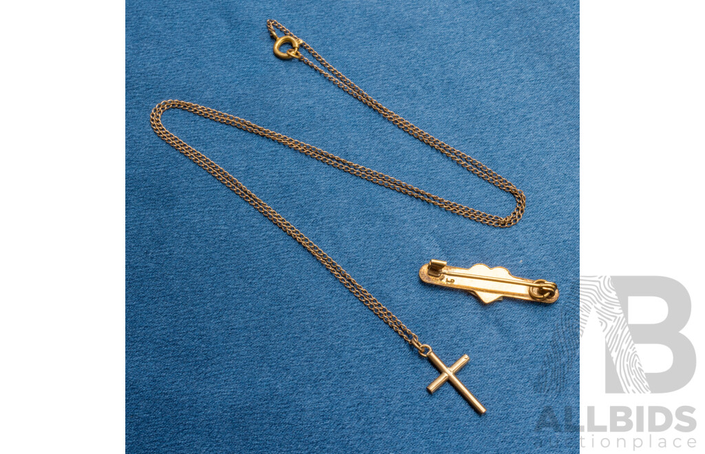 9ct Yellow Gold Cross Pendant, Gold Plated Chain and Rolled Gold Brooch
