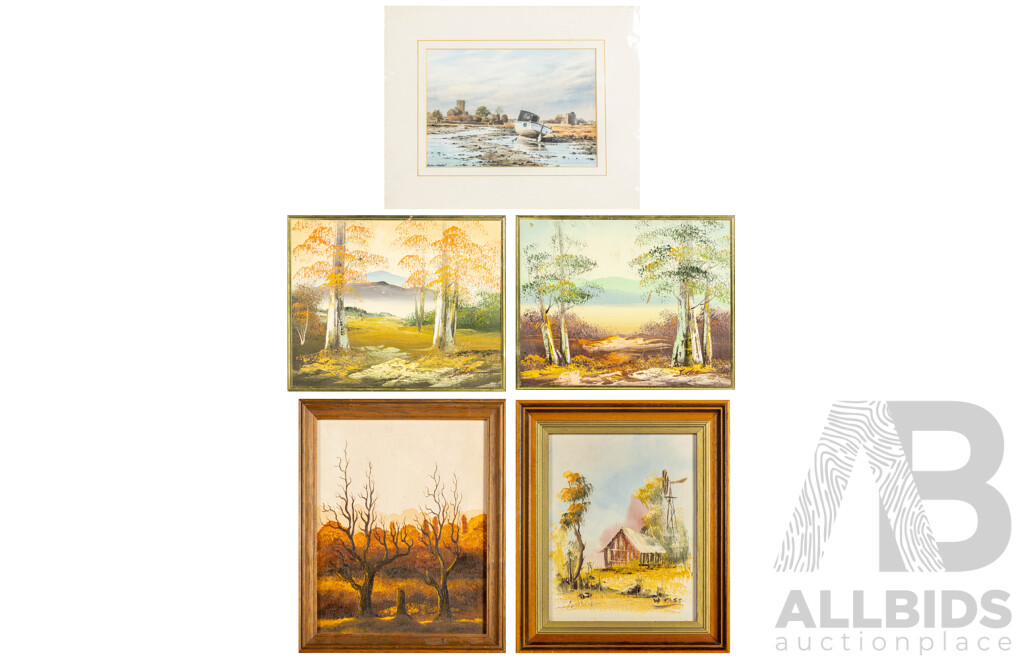 Nice Collection of Four Miniature Vintage Landscapes Oil on Canvas Boards and a Sea Scene Watercolour Print, 33H x 28W cm (largest frame) (5)