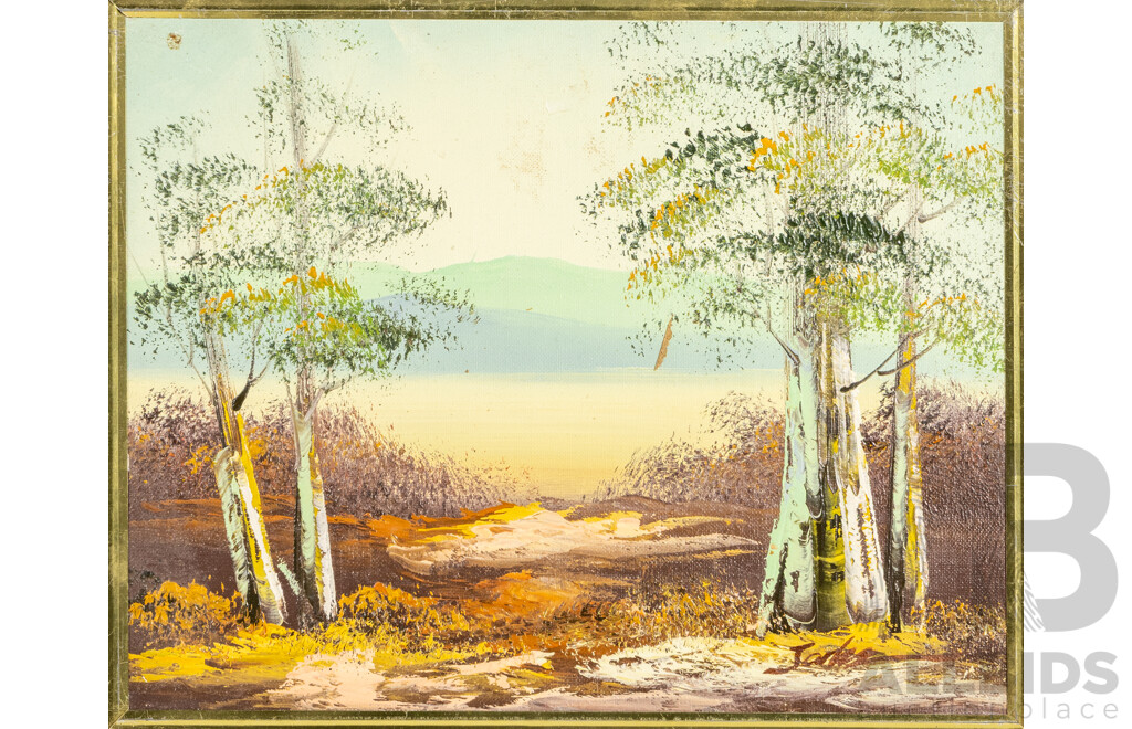 Nice Collection of Four Miniature Vintage Landscapes Oil on Canvas Boards and a Sea Scene Watercolour Print, 33H x 28W cm (largest frame) (5)
