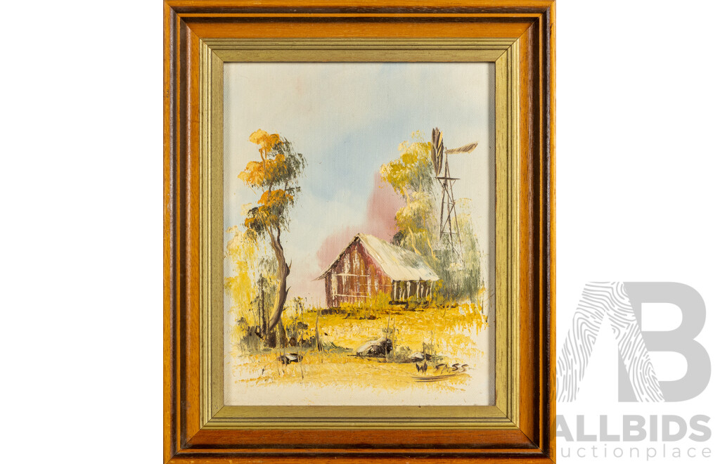 Nice Collection of Four Miniature Vintage Landscapes Oil on Canvas Boards and a Sea Scene Watercolour Print, 33H x 28W cm (largest frame) (5)