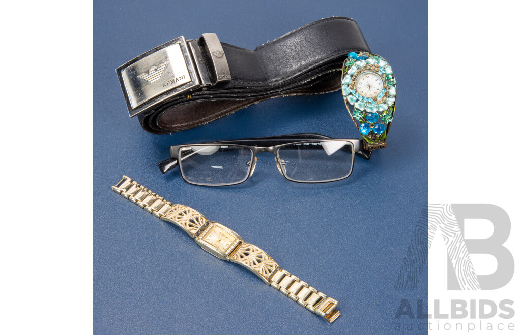 Fancy Quartz Watches, Prescription Glasses & Belt by Armani - Lot of 4
