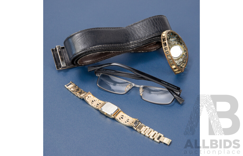 Fancy Quartz Watches, Prescription Glasses & Belt by Armani - Lot of 4