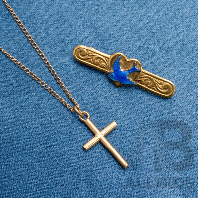 9ct Yellow Gold Cross Pendant, Gold Plated Chain and Rolled Gold Brooch