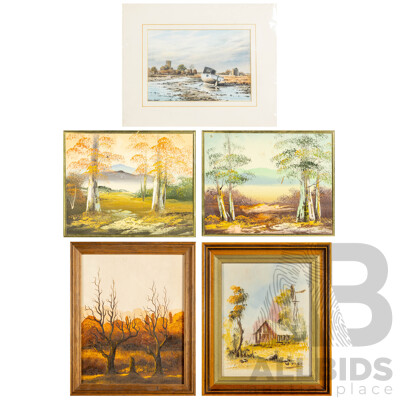 Nice Collection of Four Miniature Vintage Landscapes Oil on Canvas Boards and a Sea Scene Watercolour Print, 33H x 28W cm (largest frame) (5)