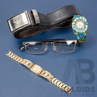 Fancy Quartz Watches, Prescription Glasses & Belt by Armani - Lot of 4