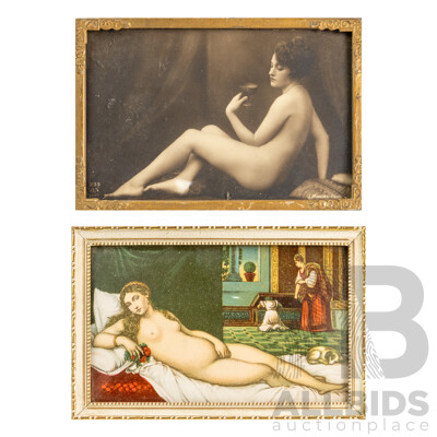 Julien Mandel (19/20th Centuries, French, 1893-1966), Nude with Drink, Original Antique Photograph, Alongside Tiziano, Venere Con Cagnolino, Vintage Italian Postcard, 9H x 14W cm (frames both) (2)
