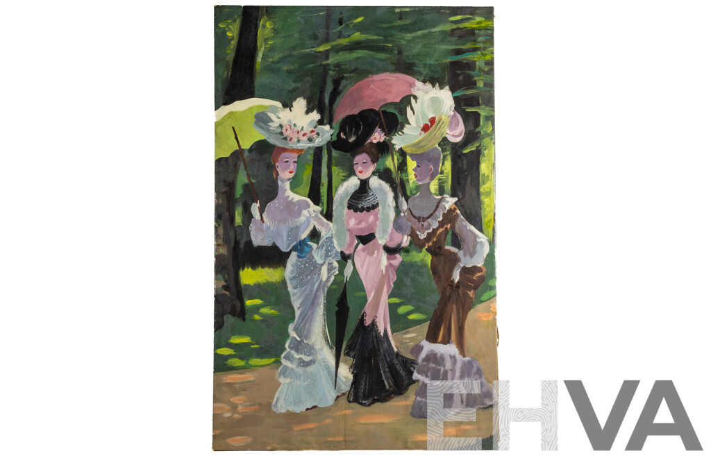 Artist Unknown, (20th Century), Three Ladies Out for a Stroll, Original Vintage Oil on Canvas Cloth, Stretched to Frame, 130 x 82 cm