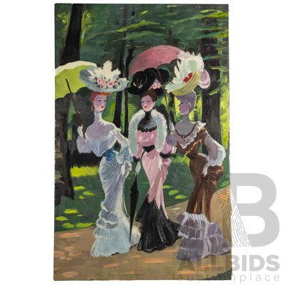 Artist Unknown, (20th Century), Three Ladies Out for a Stroll, Original Vintage Oil on Canvas Cloth, Stretched to Frame, 130 x 82 cm