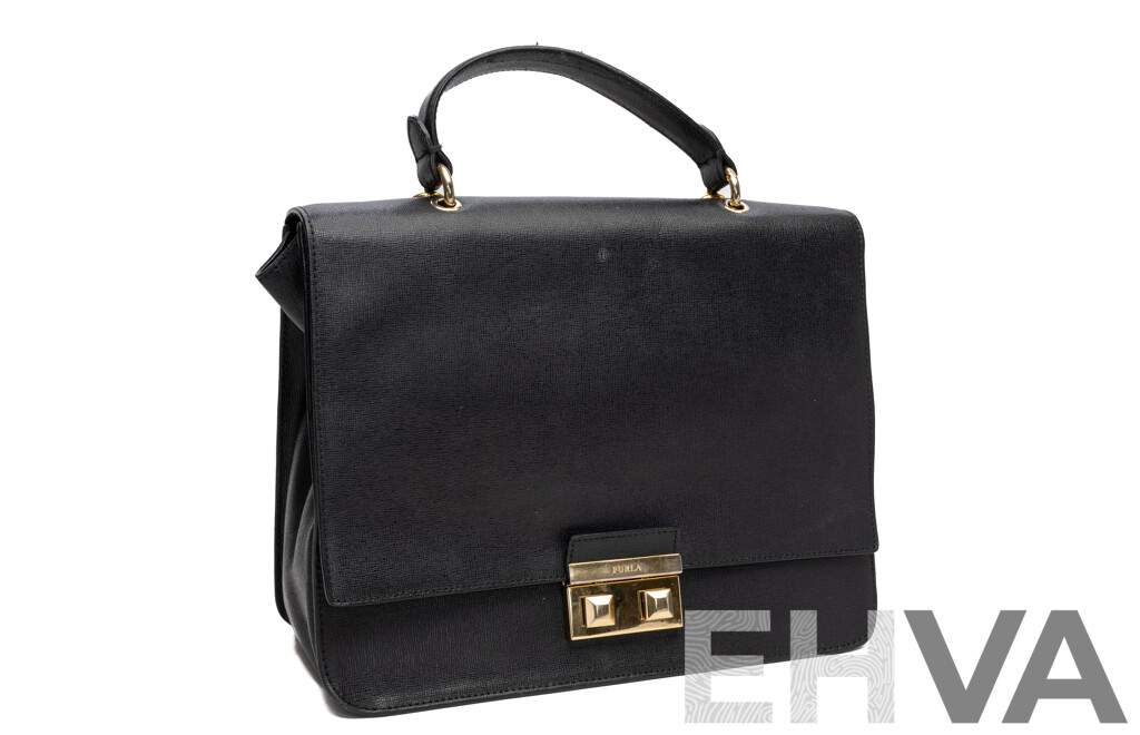 Furla Genuine Leather Black Messenger Crossbody Tote Style Bag