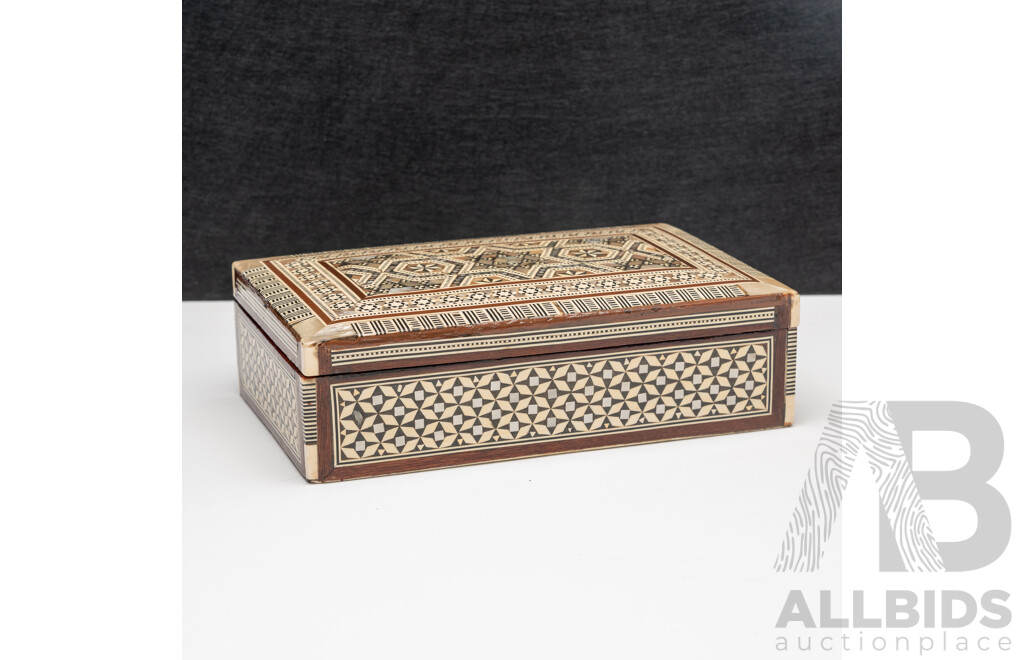 Vintage Middle Eastern Khatam Wooden Trinket Box with Micro Mosaic Marquestry & Mother of Pearl Inlay