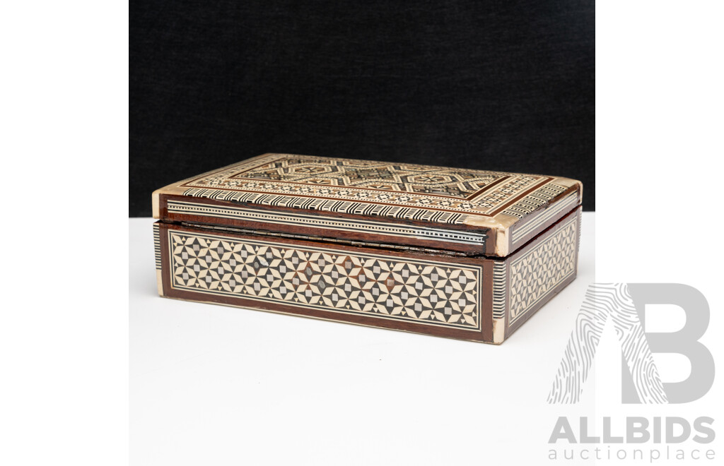 Vintage Middle Eastern Khatam Wooden Trinket Box with Micro Mosaic Marquestry & Mother of Pearl Inlay