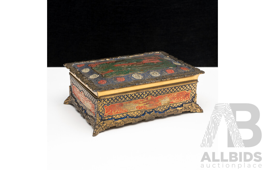 Vintage Japanese Enamel Finished Wooden Lined Brass Trinket Box with Forest Scene