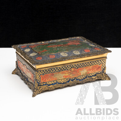 Vintage Japanese Enamel Finished Wooden Lined Brass Trinket Box with Forest Scene