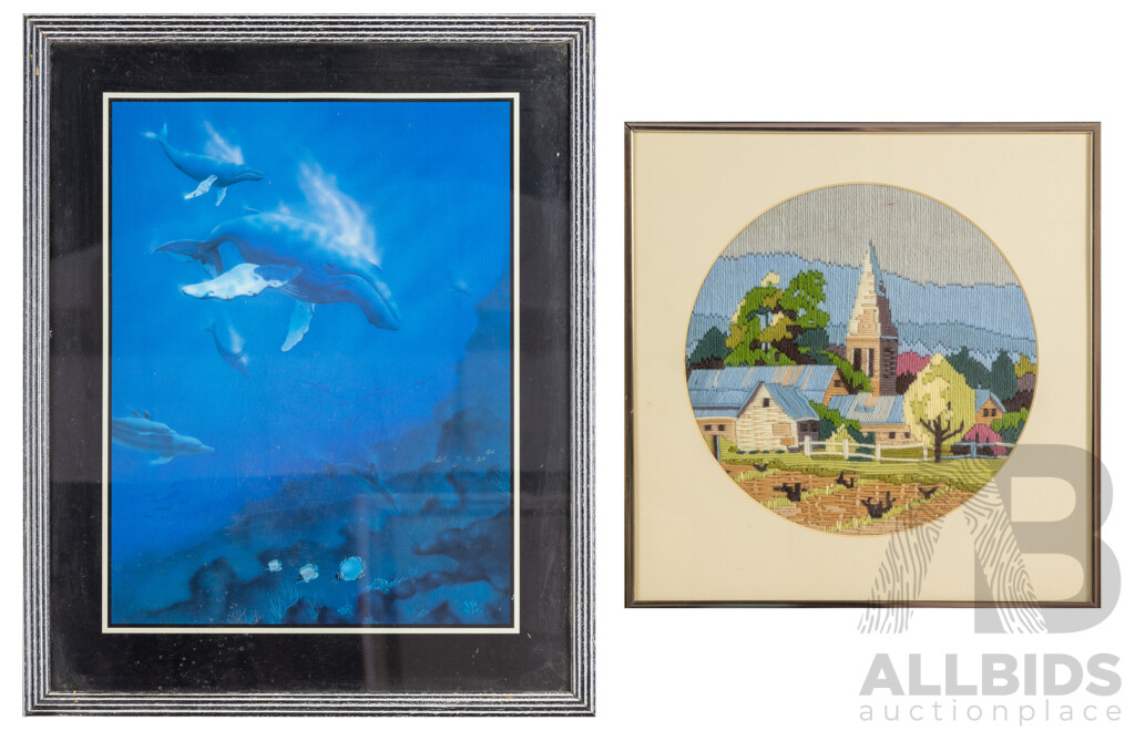 Artists Unknown, (20th Century), Under the Sea, Colour Print Poster, 54 x 44 cm (frame) and Country Village, Hand Made Long Stitch Wool Tapestry Panel, 38 x 38 cm (2)