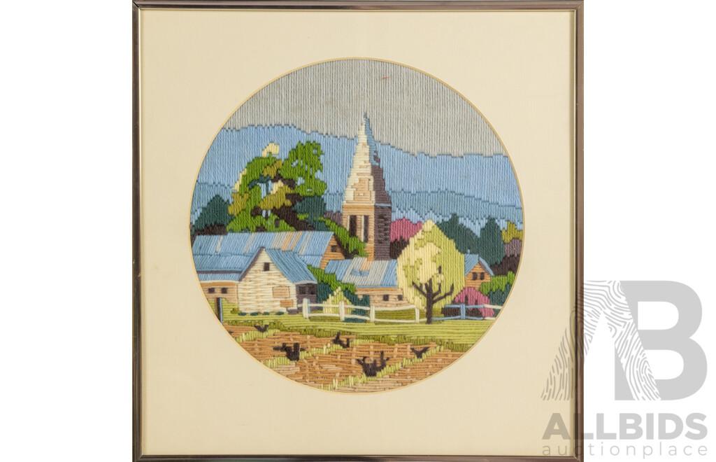 Artists Unknown, (20th Century), Under the Sea, Colour Print Poster, 54 x 44 cm (frame) and Country Village, Hand Made Long Stitch Wool Tapestry Panel, 38 x 38 cm (2)