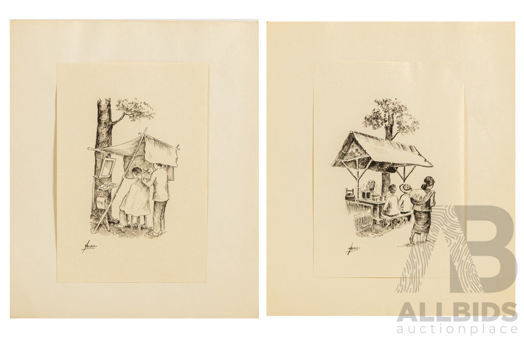 Hasan Djaafar (20th Century, Indonesian, 1919-1995), Barber Under Tree & Lunch, (^c1940s), Ink on Paper Prints, 27 x 19 cm (sheets) (2)