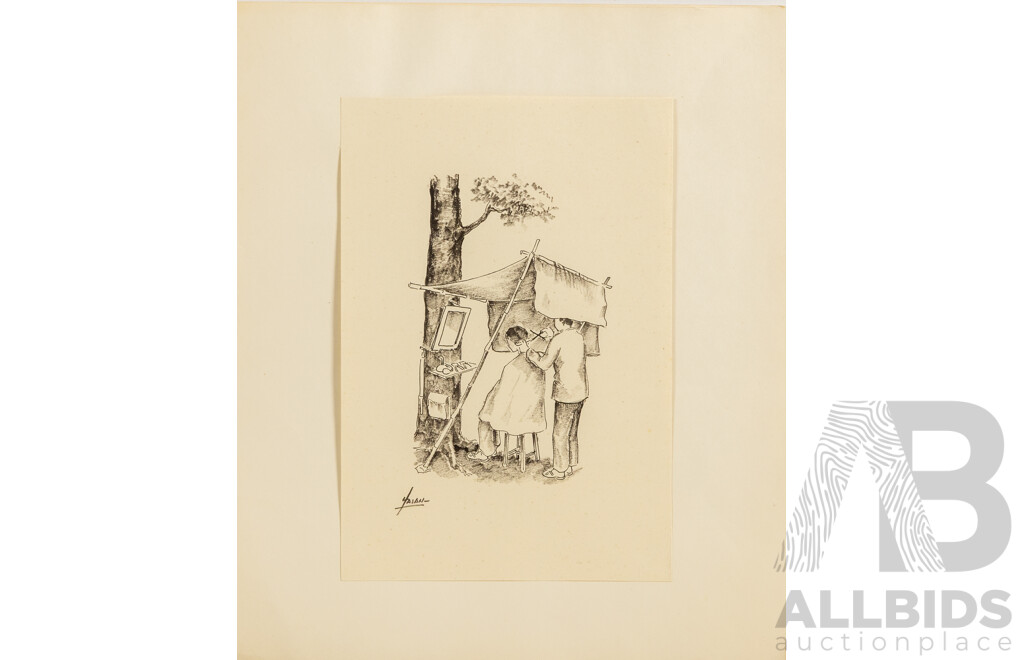 Hasan Djaafar (20th Century, Indonesian, 1919-1995), Barber Under Tree & Lunch, (^c1940s), Ink on Paper Prints, 27 x 19 cm (sheets) (2)
