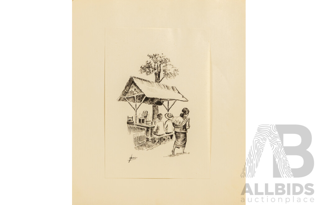 Hasan Djaafar (20th Century, Indonesian, 1919-1995), Barber Under Tree & Lunch, (^c1940s), Ink on Paper Prints, 27 x 19 cm (sheets) (2)