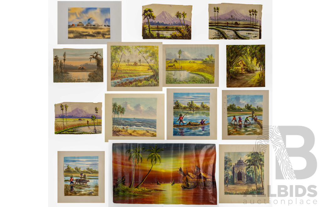 Artist Unknown, (20th Century, Balinese), Scenes From Village Life, Thirteen Original Watercolours, Varied Sizes and One Oil on Canvas, (14)