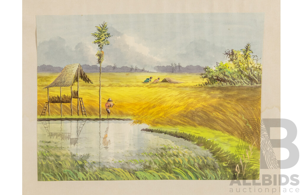 Artist Unknown, (20th Century, Balinese), Scenes From Village Life, Thirteen Original Watercolours, Varied Sizes and One Oil on Canvas, (14)