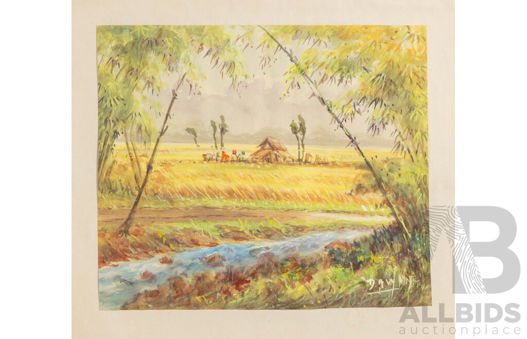 Artist Unknown, (20th Century, Balinese), Scenes From Village Life, Thirteen Original Watercolours, Varied Sizes and One Oil on Canvas, (14)