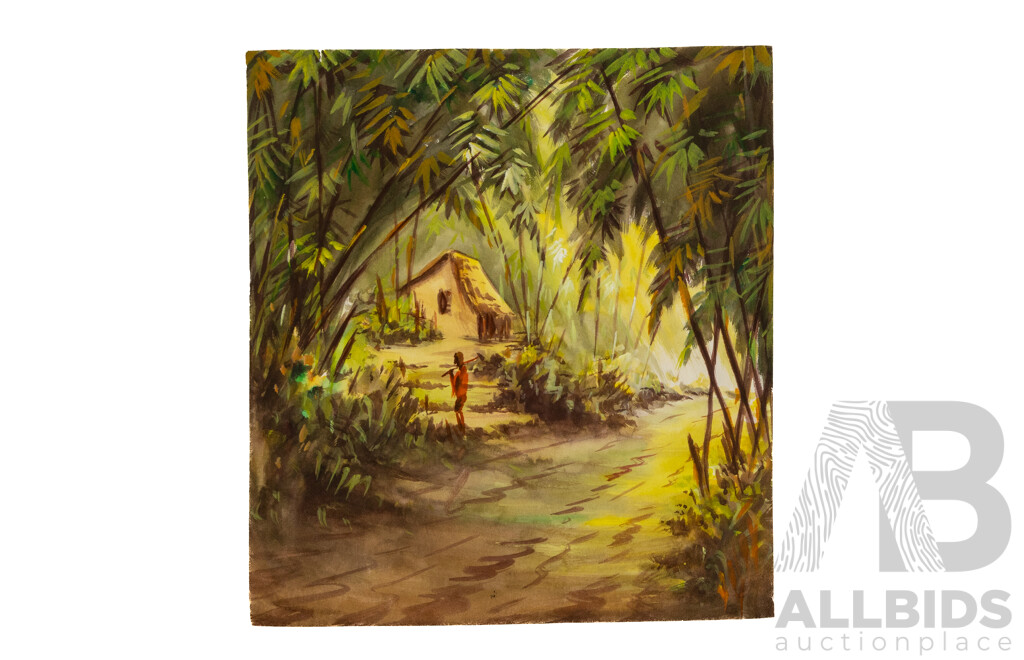 Artist Unknown, (20th Century, Balinese), Scenes From Village Life, Thirteen Original Watercolours, Varied Sizes and One Oil on Canvas, (14)