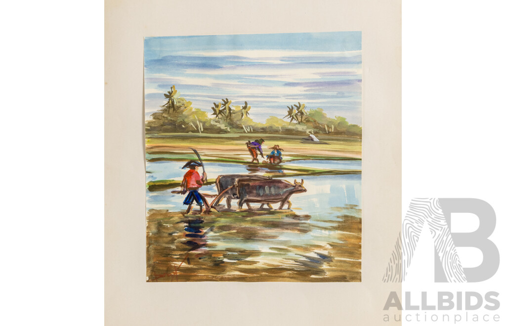 Artist Unknown, (20th Century, Balinese), Scenes From Village Life, Thirteen Original Watercolours, Varied Sizes and One Oil on Canvas, (14)