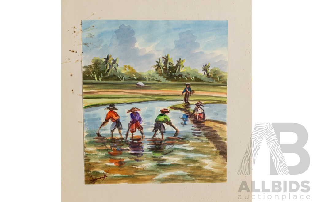 Artist Unknown, (20th Century, Balinese), Scenes From Village Life, Thirteen Original Watercolours, Varied Sizes and One Oil on Canvas, (14)