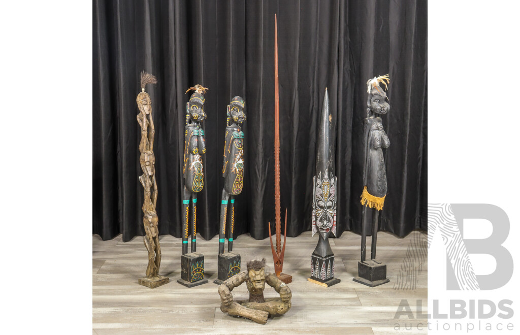 Collection of Tall Hand-Carved Ethnic-Style Wooden Figures & Poles