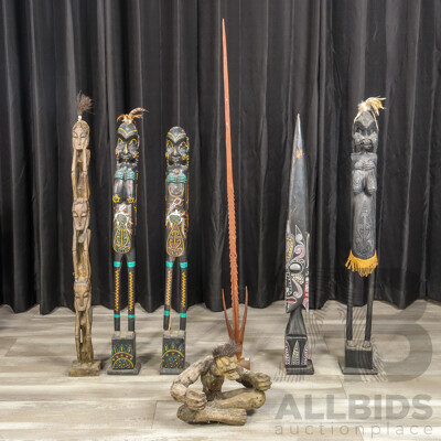 Collection of Tall Hand-Carved Ethnic-Style Wooden Figures & Poles