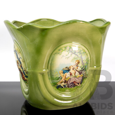 Green Glazed Ceramic Jardinière with Classic Pastoral Scene , Inscribed to Base 1991