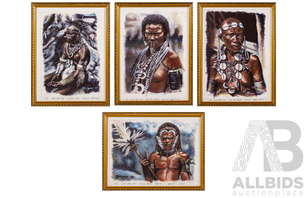Artist Unknown (20th Century, Papua New Guinean), Portrait #6, #8, #9 and # 10 (2004), Selection of Limited Edition Reproduction Prints of the Originals, 43 x 33 cm & 33 x 43 cm (frames) (4)