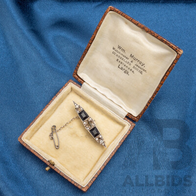 Silver Brooch with Dark Green Emerald Cut Synthetic Gems and CZs. - 6.6gms