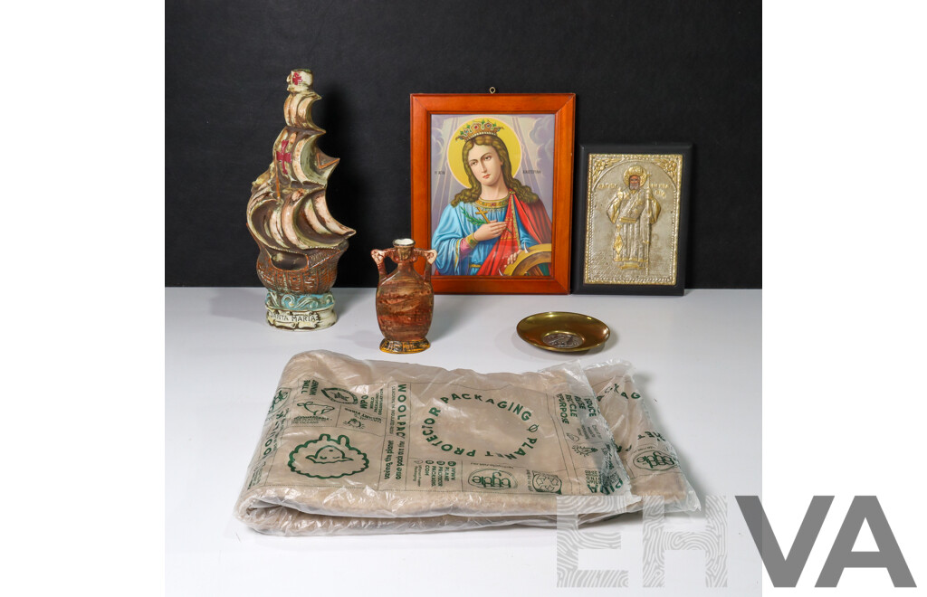 Vintage Casa Cameri and Luxardo Italian Ornamental Wine Bottles with Brass and Sterling Owl Plate and Religious Hangers