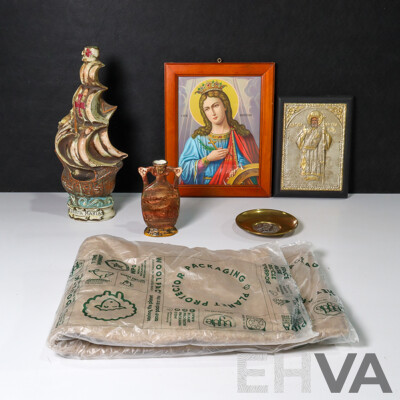 Vintage Casa Cameri and Luxardo Italian Ornamental Wine Bottles with Brass and Sterling Owl Plate and Religious Hangers