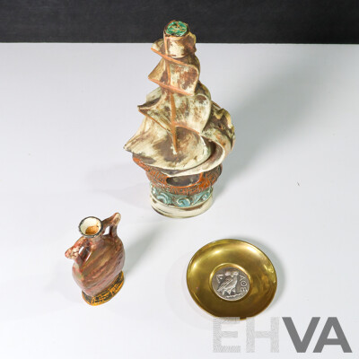 Vintage Casa Cameri and Luxardo Italian Ornamental Wine Bottles with Brass and Sterling Owl Plate and Religious Hangers