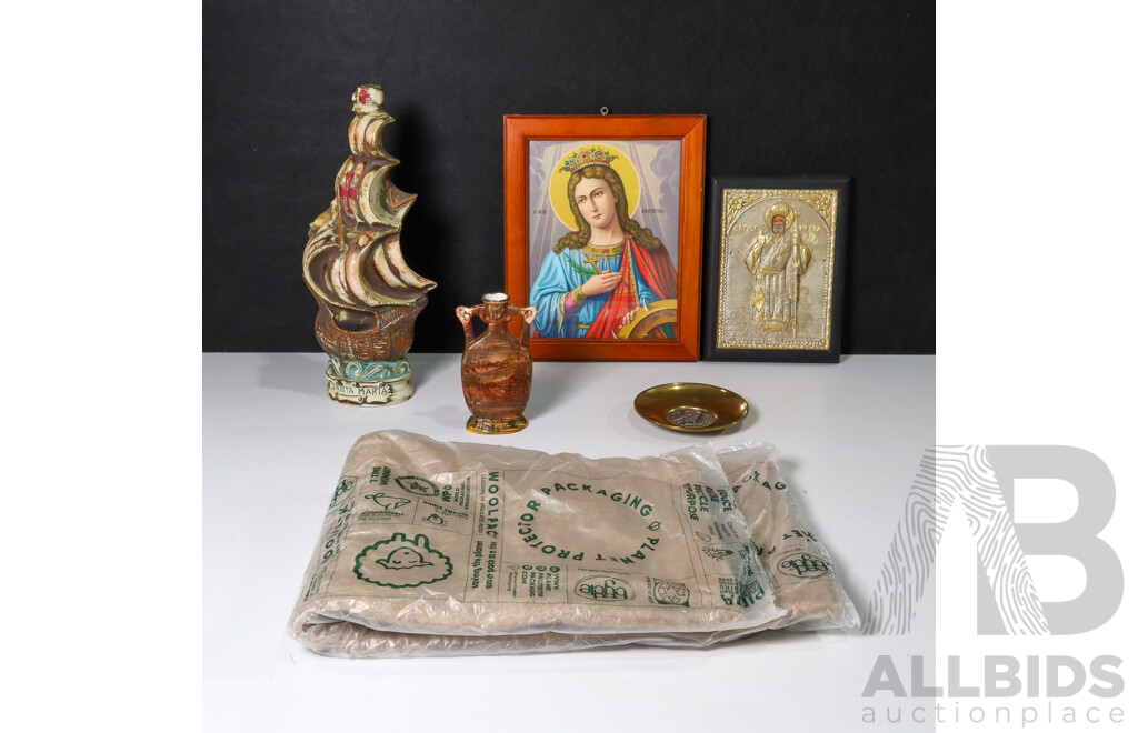 Vintage Casa Cameri and Luxardo Italian Ornamental Wine Bottles with Brass and Sterling Owl Plate and Religious Hangers