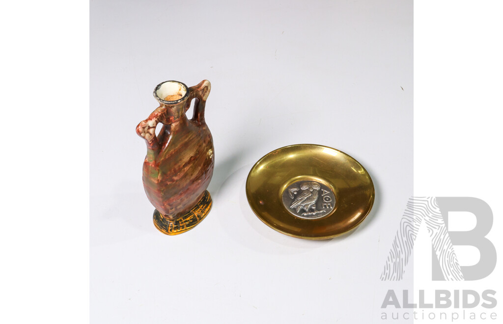 Vintage Casa Cameri and Luxardo Italian Ornamental Wine Bottles with Brass and Sterling Owl Plate and Religious Hangers