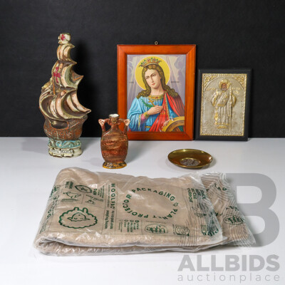 Vintage Casa Cameri and Luxardo Italian Ornamental Wine Bottles with Brass and Sterling Owl Plate and Religious Hangers