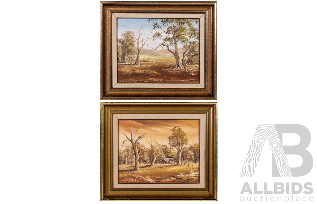 L. Madsen (20th Century, Australian), Blue Sky with Gums & Lone Shack, Lovely Pair of Original Vintage Oil on Canvas Panels, 30 x 34 cm (frames) (2)