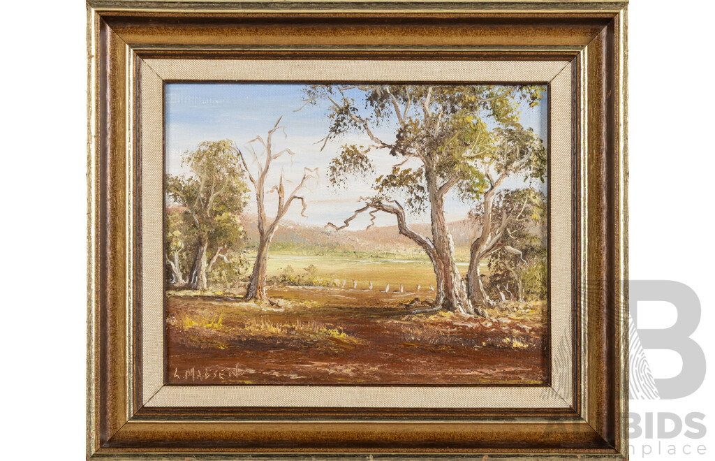 L. Madsen (20th Century, Australian), Blue Sky with Gums & Lone Shack, Lovely Pair of Original Vintage Oil on Canvas Panels, 30 x 34 cm (frames) (2)