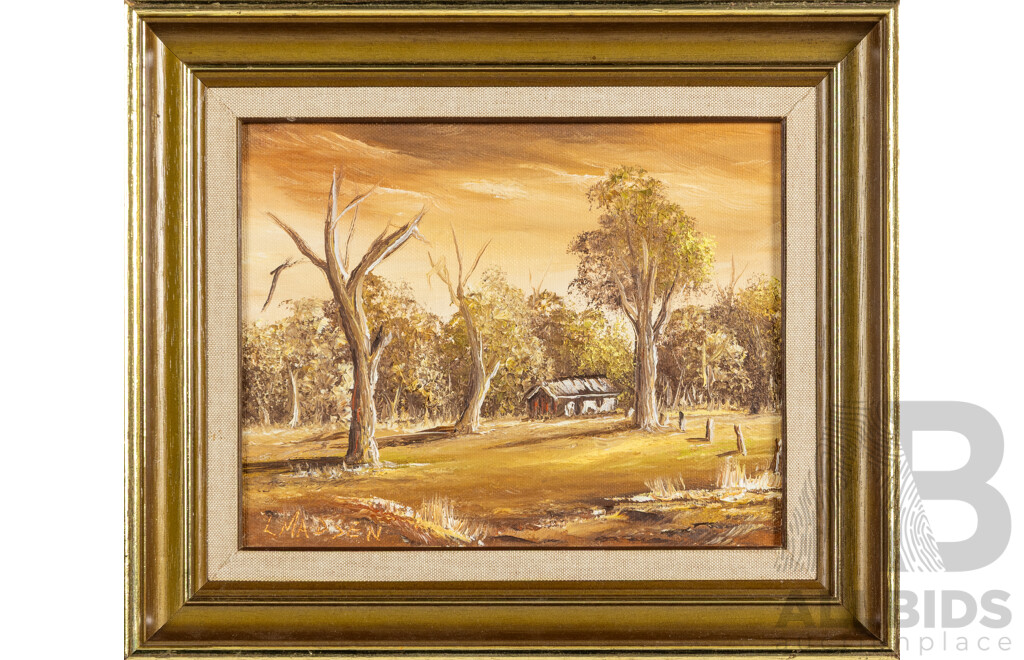 L. Madsen (20th Century, Australian), Blue Sky with Gums & Lone Shack, Lovely Pair of Original Vintage Oil on Canvas Panels, 30 x 34 cm (frames) (2)