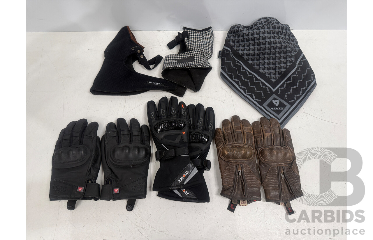 3x Ixon, Suomy, Five5 Motorcycle Riding Gloves + Rarebird, Reviti Wind Collar