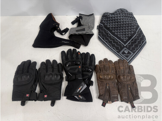 3x Ixon, Suomy, Five5 Motorcycle Riding Gloves + Rarebird, Reviti Wind Collar