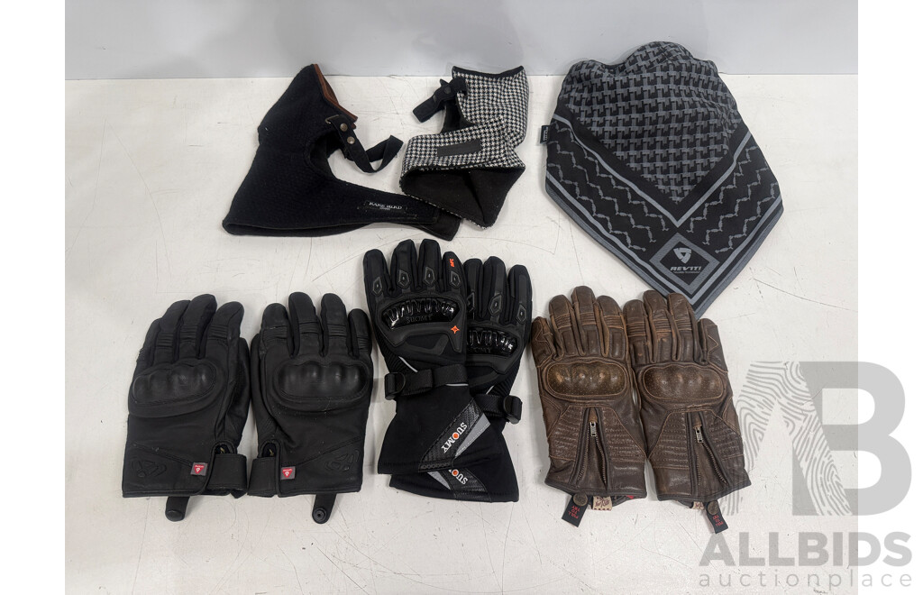 3x Ixon, Suomy, Five5 Motorcycle Riding Gloves + Rarebird, Reviti Wind Collar