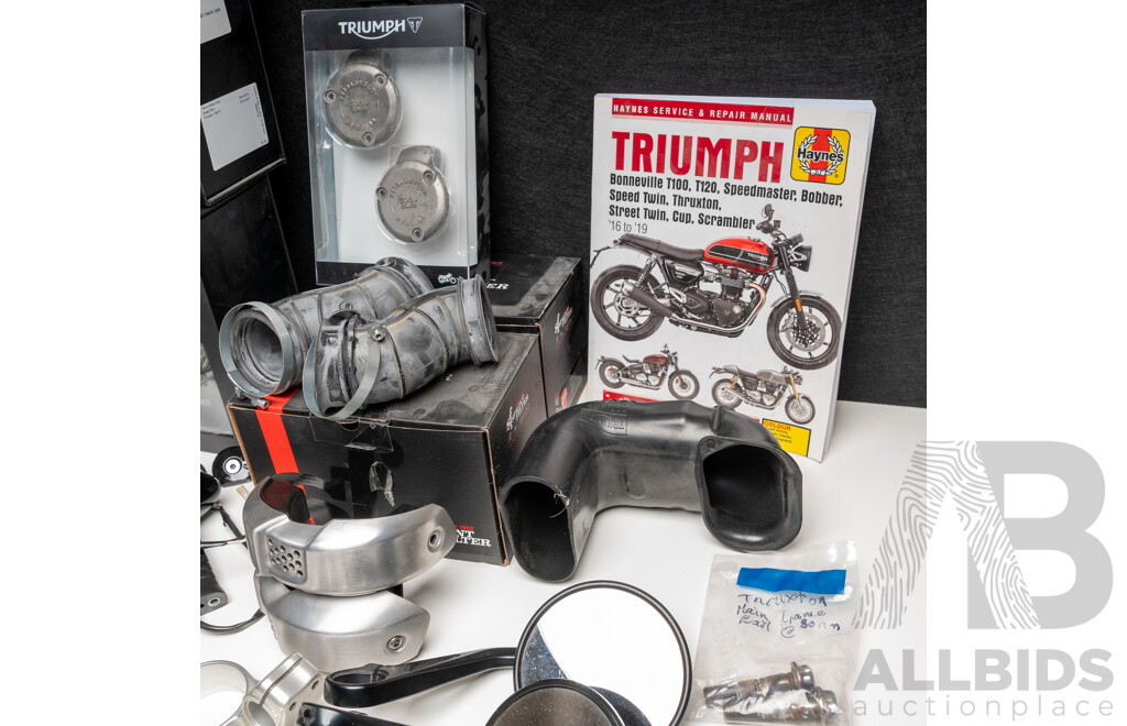 Box of 2016 Triumph Thruxton R 1200 and 2016 Triumph Street Cup OEM Parts.
