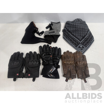 3x Ixon, Suomy, Five5 Motorcycle Riding Gloves + Rarebird, Reviti Wind Collar