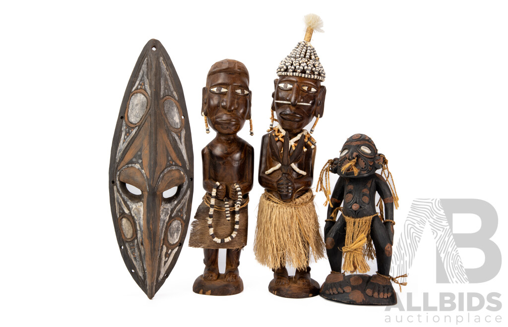 Collection of Three Carved African Figures and a Painted Mask